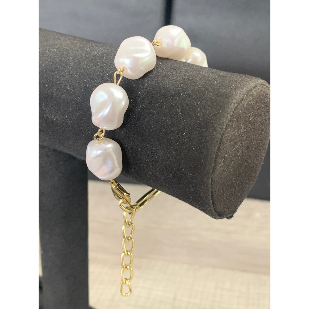 Baroque Pearl Bracelet Gold Tone Iridescent Faux Pearl Adjustable Lobster Clasp